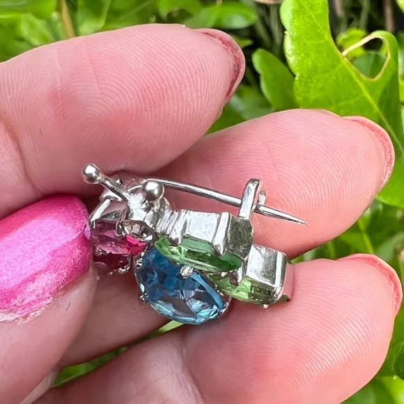 DESIGNER VINTAGE 925 SS CRYSTAL BEETLE BUG PIN BROOCH VIBRANT BLUE PINK GREEN